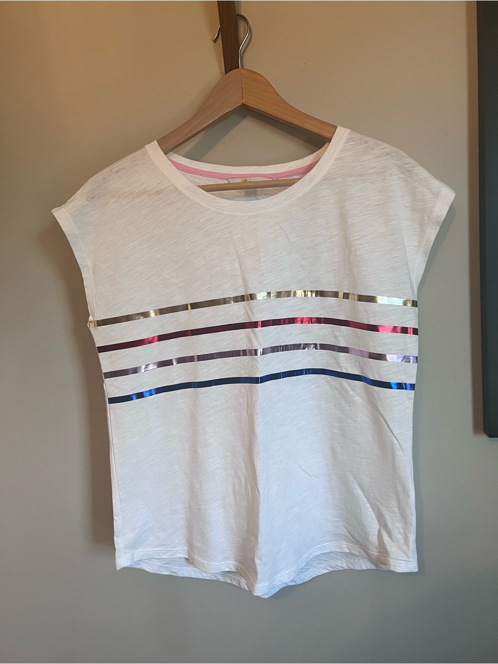 Boden White Short Sleeve Tee with Metallic Gold, Pink, Purple and Blue Stripes